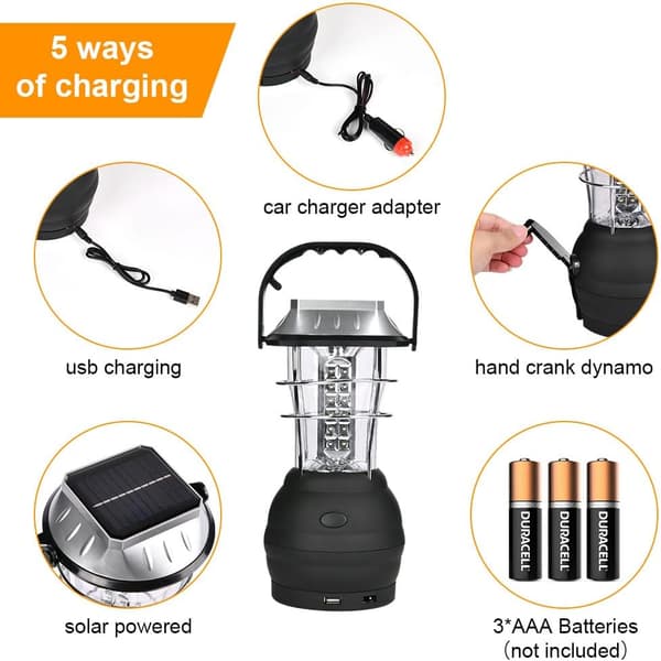 Solarlampe, 5 lademetoder, 3 justerbare lysmoduser, med håndsveivdynamo, ultralys oppladbar LED-campinglykt [Energiklasse A+++]