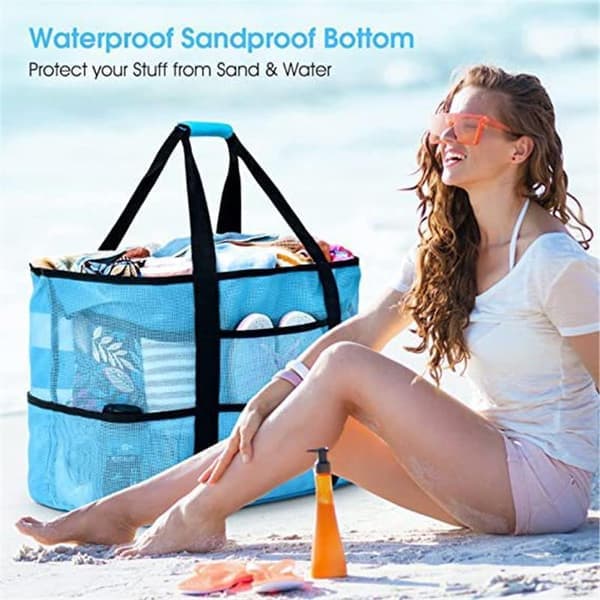 Large Mesh Beach Bag with Zipper, Foldable Sandproof Beach Tote with 7 Storage Pockets for Swimming, Camping, Beach Toy Storage, Unisex
