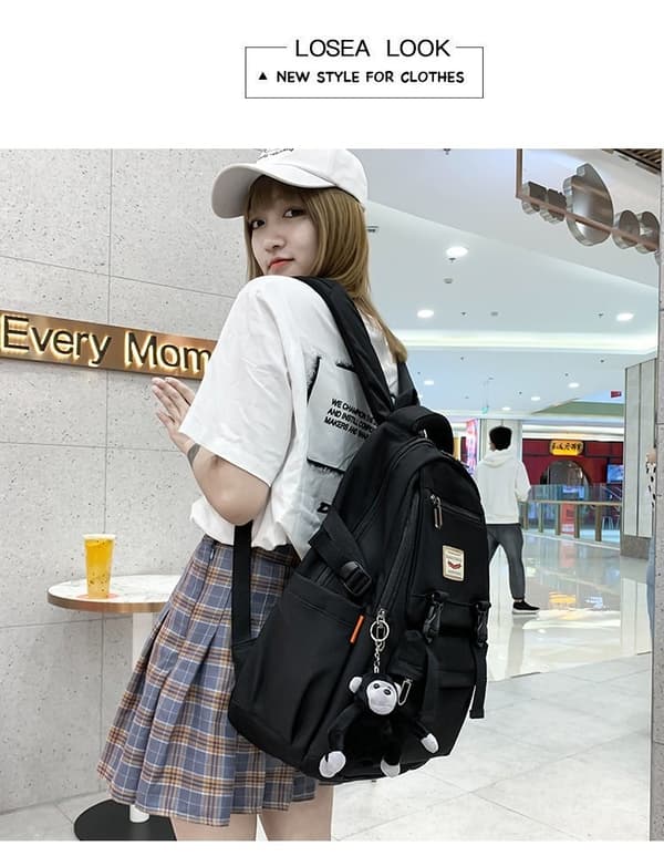 Large Capacity School Bag Women Shoulder Bag High School Students Backpack - Black