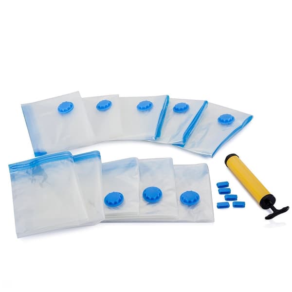 Vacuum Compression Bags with Zipper, Sealing Valve and Hand Pump (Large 5-pack Transparent Blue Edge)
