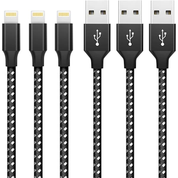 iPhone Opladerkabel 3-pak 3FT/1M Nylonflettet Hurtigopladning & Synkronisering iPhone Kabel Sort