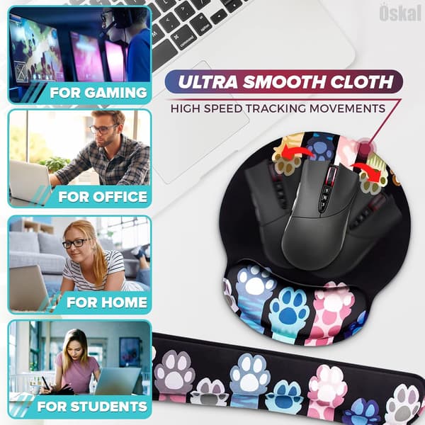 3-in-1 Cute Black Keyboard Pad Memory Foam for Home Gaming and Office Mouse Pad with Cat Paw Wrist Rest
