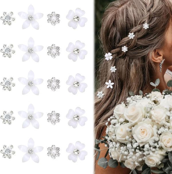20 stk Mini Hårspenner med Blomster og Rhinsteiner - Små Dekorative Hårspenner til Bryllup