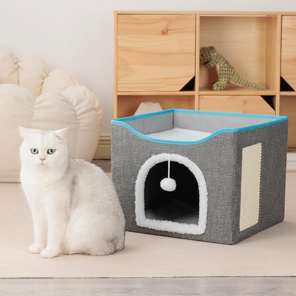 Katteseng Foldbart Kattehus Hule med Kradsebræt og Fluffy Bold Indendørs til Flere Små Kæledyr 41 * 41 * 34 cm Grå