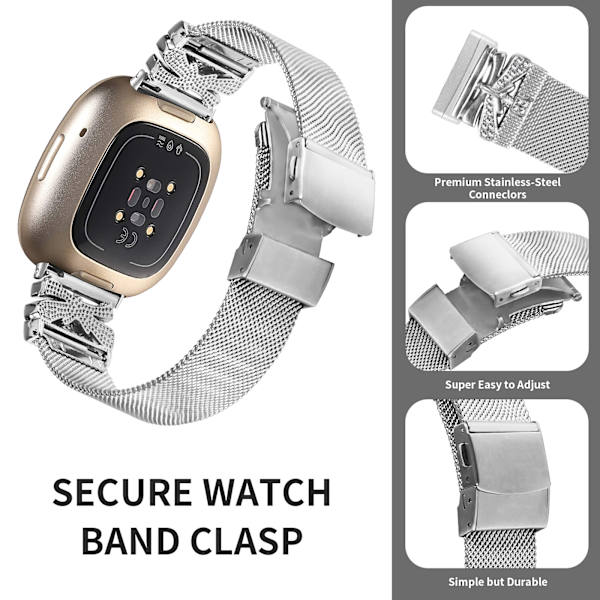 Urrem i rustfrit stål til Fitbit Versa3/4/Sense 2 Sølv Sølv Silver