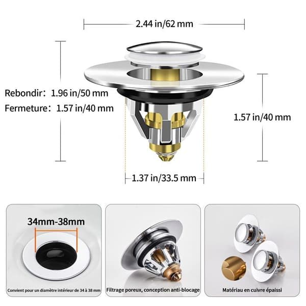 Pop Up Vaskestopper med Anti-Tettefilter, Universell Avløpsplugg, Badekaravløp (2 Stykker, 34-38 mm)