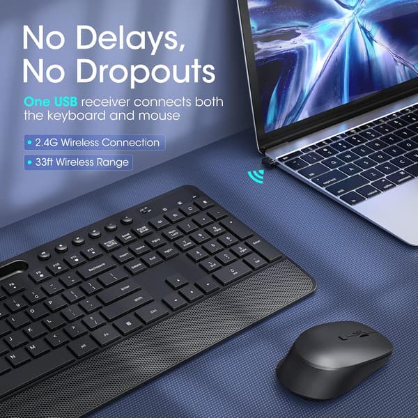 2.4 GHz Wireless Full-Size Ergonomic Keyboard with Phone Holder and 10 Independent Shortcuts, Silent Mouse with 4 DPI
