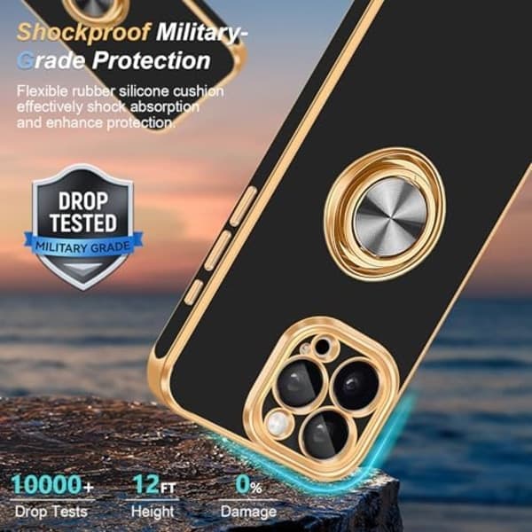 iPhone 16 Pro Max Case [with 360° Rotatable Ring Holder][Magnetic Car Mount Support] Glossy Gold Plated Thin Soft TPU