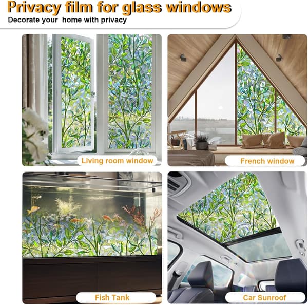 Stained Glass Window Film 43x200cm Electrostatic Self-Adhesive Reusable Decorative Privacy Leaf Design
