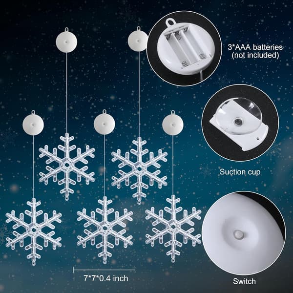 5-pack Christmas Window Lights Decorations with Timer, Battery Operated Christmas Hanging White Lighted Snowflake Shaped LED Suction Cup for Christmas Tree