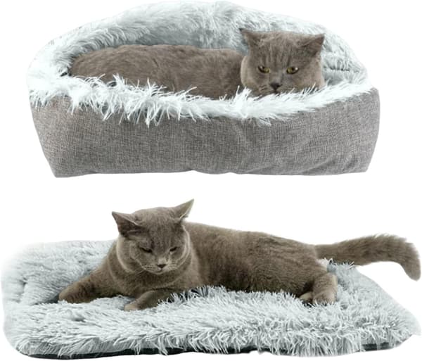Cat Bed for Indoor Cats and Small Dogs 2 in 1 Self-Warming Foldable Convertible Plush Blanket Bed Machine Washable (Grey)