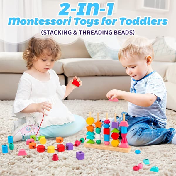Montessori Wooden Bead Sequencing Toy Set, Stacking Blocks & Lacing Beads & Matching Shape Stacker for 2 3 4 5 Year Old STEM Preschool Learning