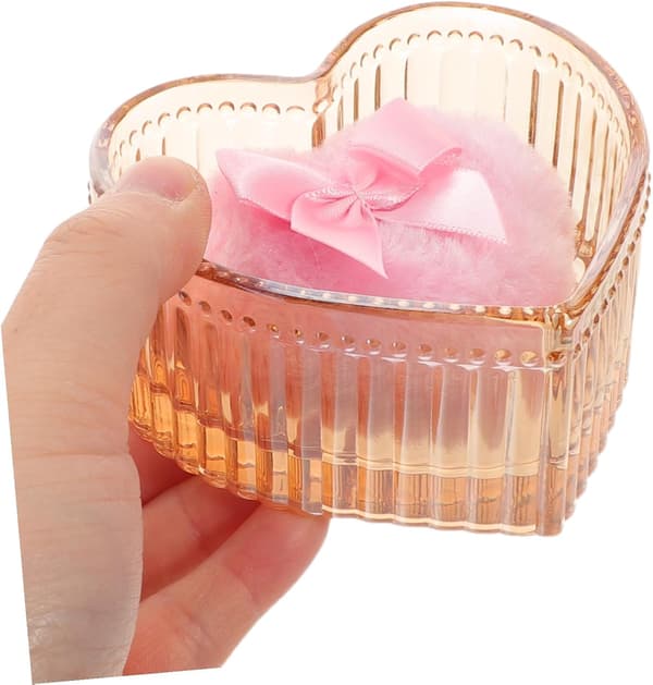 Heart-shaped Soft Powder Puff in Glass Container, Washable Foundation Applicator for Powder and Makeup Storage