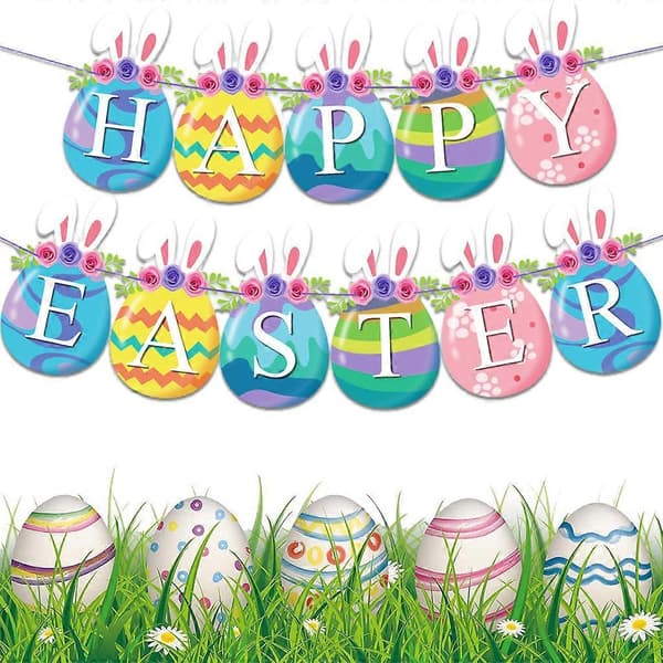 Happy Easter Banner for Fireplace, with Cute Rabbit Patterns, Paper Party Decoration