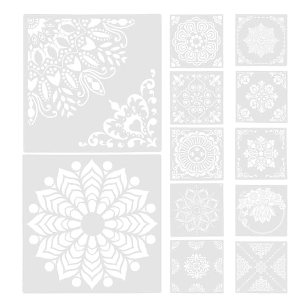 12 st Mandala-mallar för väggmålning, ritningsmallar, vägg- och golvmålning, DIY-mallar