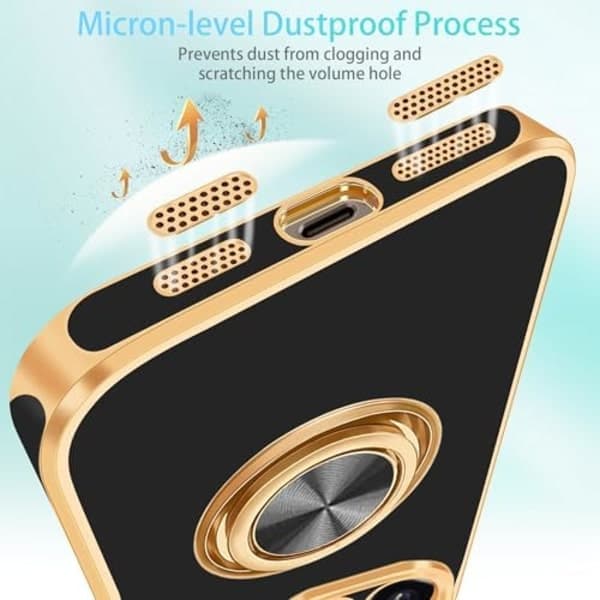 iPhone 16 Pro Max Case [with 360° Rotatable Ring Holder][Magnetic Car Mount Support] Glossy Gold Plated Thin Soft TPU