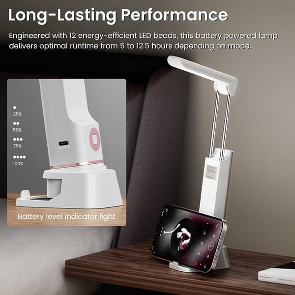Wireless Rechargeable Desk Lamp - 3 Modes, Hidden Retractable Design, Portable LED Light for Reading and Emergencies, Phone Holder