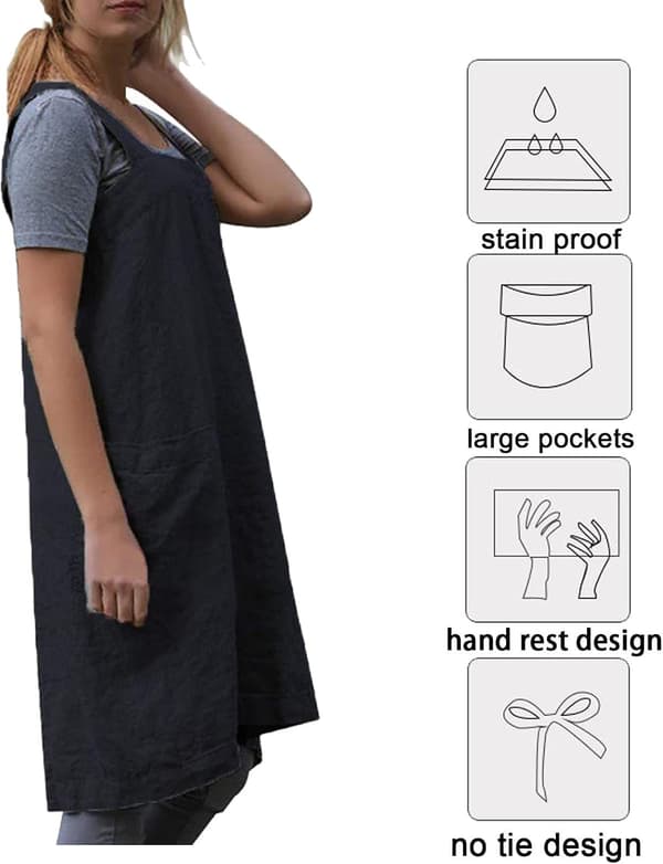 Dameforkle med kryssrygg og lommer for hagearbeid, matlaging, maling, baking - M - Svart