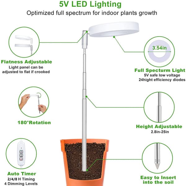Plant lamp | Height-adjustable LED lamp with automatic timer (2/4/8 hours), 4 brightness levels & light modes for indoor plants