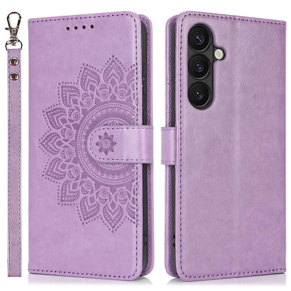 For Samsung Galaxy S24+ Textured Leather Wallet Stand Case with Strap Purple
