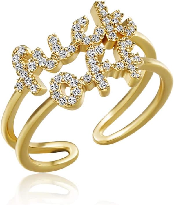Women's Expressive Letter Personalized Ring 18K Gold Plated Open Ring Hypoallergenic Cubic Zirconia Adjustable Rings for Women
