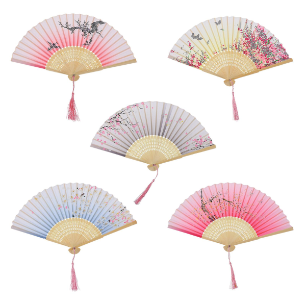 5 st Japansk stil Handfläkt Blommönster Vikbar Handfläkt Vintage FanSlumpmässigt mönster21,2X38CM Random pattern 21.2X38CM