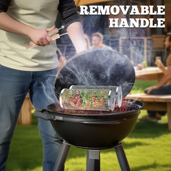 Set of two stackable BBQ baskets, removable handle, 304 stainless steel, BBQ accessories, vegetables, shrimp, charcoal grill, two sets, one large, one small