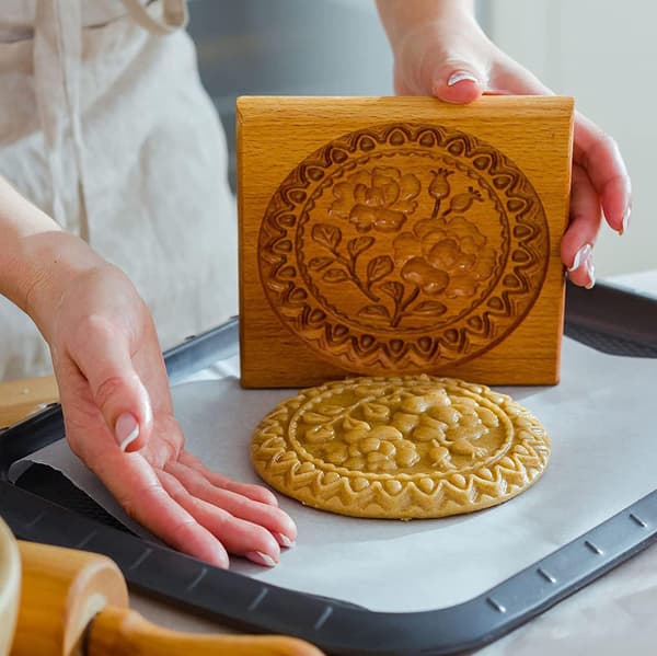 Utskåret Tre Pepperkakeform, 3D Tre Bakeform Kakeform Press Stempelformer, Kakeformsett med Provance Rose Kakestempel