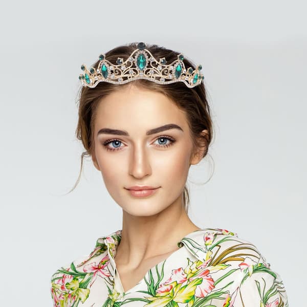 Barock Strass Tiara Krona Håraccessoarer för Brudar, Guldbas Smaragdgröna Ädelstenar Bröllopspannband Brud