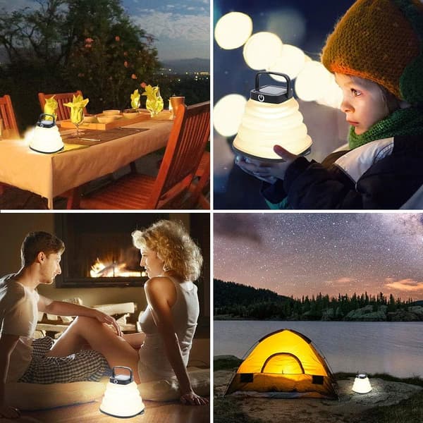 [2-pak] Solar Camping Lanterne, LED Campinglampe Genopladelig med USB-kabel, Sammenklappelig og 3 dæmpbare tilstande (Sort)