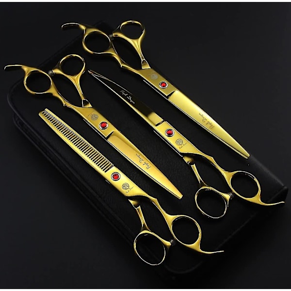 Profesjonelt 7,0 tommers 4-delt sett med saks for pelsstell til kjæledyr, Japan Premium Steel Straight Curved Thinning Blade Dog Hair Clipper Scissors Set With Case (g