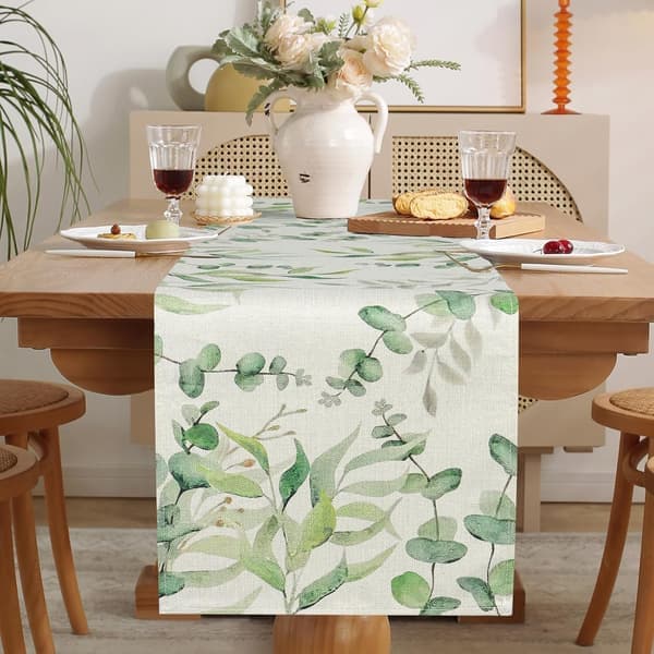 Eucalyptus Leaf Summer Table Runner Sage Green Tablecloth Cotton Linen Seasonal Table Runner, 33x183cm