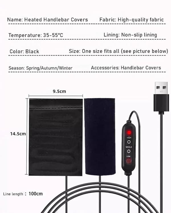 Heated Grips - Three Temperature Settings - Winter Warmth - Plug-in Operation - USB Powered - Washable - Non-slip Design - Universal for All Models