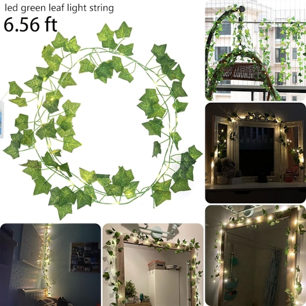 2-pack 6,56 fot gröna murgröna blad med ljusslinga, batteridriven, 40 LED-lampor, konstgjorda, för sovrum, bröllop, fest, semester (varmvit)