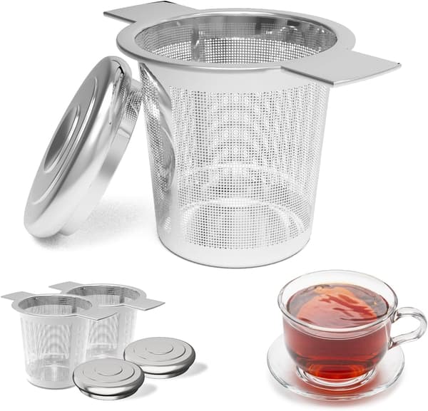 Sæt med 2 te-infusere med låg, tefilter i 304 rustfrit stål, genanvendeligt ekstra fint netfilter til kopper, tekander, kaffe