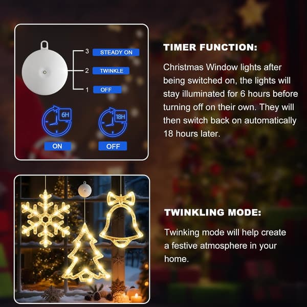 3-pack Christmas Window Lights Decorations with Timer, Battery Operated Christmas Hanging Warm White Luminous Snowflake Tree Bells Shaped LED Suction Cup for