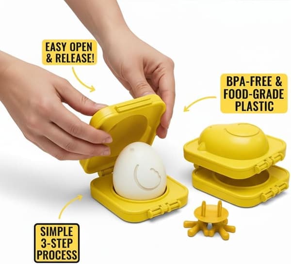 A set of two yellow chicken-shaped egg molds for boiled eggs - cute and creative egg shapers, a fun breakfast aid.
