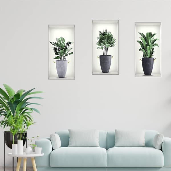 3D Väggdekaler Vas 3 st, 3D Vinyl Väggdekorationer DIY Väggtatuering Gröna Växter Väggdekaler Självhäftande för Vardagsrum, Sovrum
