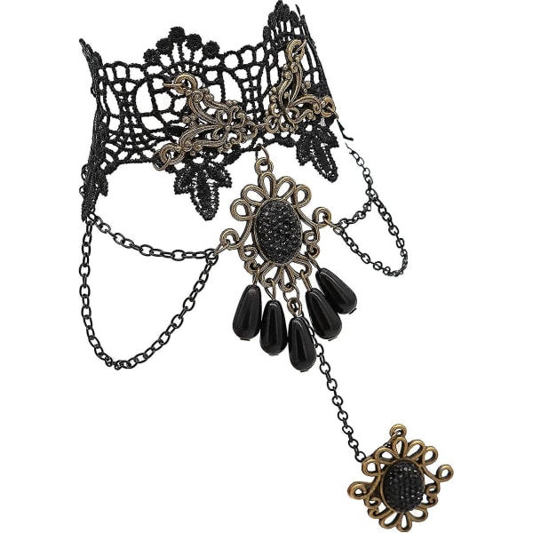 1 st gotisk vintage spets strass armband med ring smycken för kvinnor och flickor (svart)