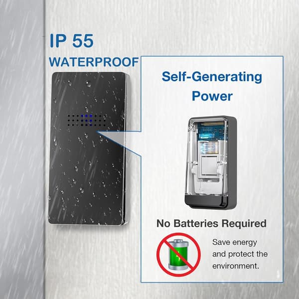 Wireless Doorbell, Battery-Free Wireless Chime, Self-Powered Doorbell Button Electronic Chime Kit Temperature Display