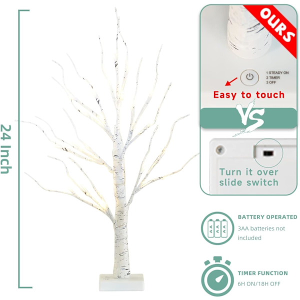 Christmas Tree, 2FT White Birch Tree with 24 Warm White Lights Battery Operated Artificial Tree Lighting