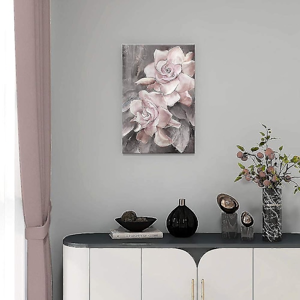 Rosmålning - Rosa Blommor - Grå - Väggkonst - Modern Dekor - Passar Matrum, Vardagsrum, Hem - 16x20 tum - 1 Del