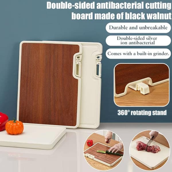 Double-sided cutting board with holder, kitchen board for fruit and vegetables, reversible board with sharpener, easy to clean