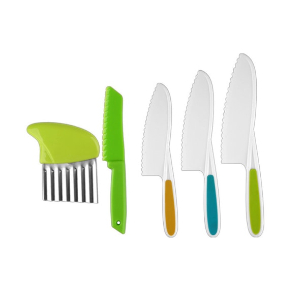 Børneknivsæt 5 stk. Småbørnssikre knive i plastik Børnevenlig kniv med krinkleskærer BPA-fri takkede kanter Køkkenværktøj