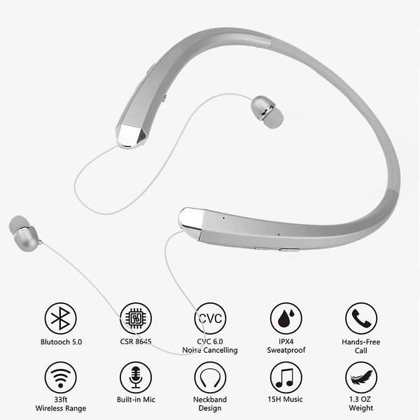 Uppgraderade trådlösa nackbands hörlurar med infällbara öronsnäckor, brusreducerande stereo (Silver)