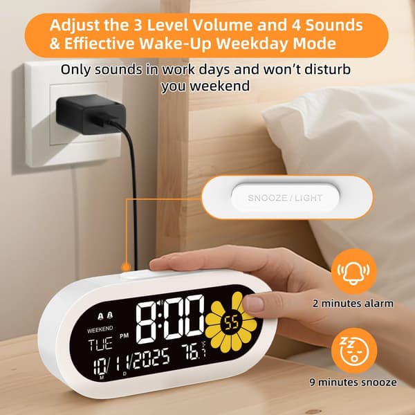 Digitalt Vækkeur til Soveværelse: Dobbelt Vækkeur Seng VA LCD-Display med Sekunder, 9 Minutters Snooze og Weekendtilstand, 3 Lysstyrker, 4 Alarmer
