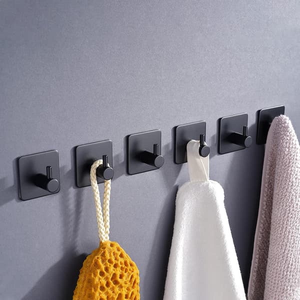304 Stainless Steel Hook, Wall Mounted Bracket Hook, Self-Adhesive Nail-Free Hook*4 (Self-Adhesive Black Square Base Single Hook*6)