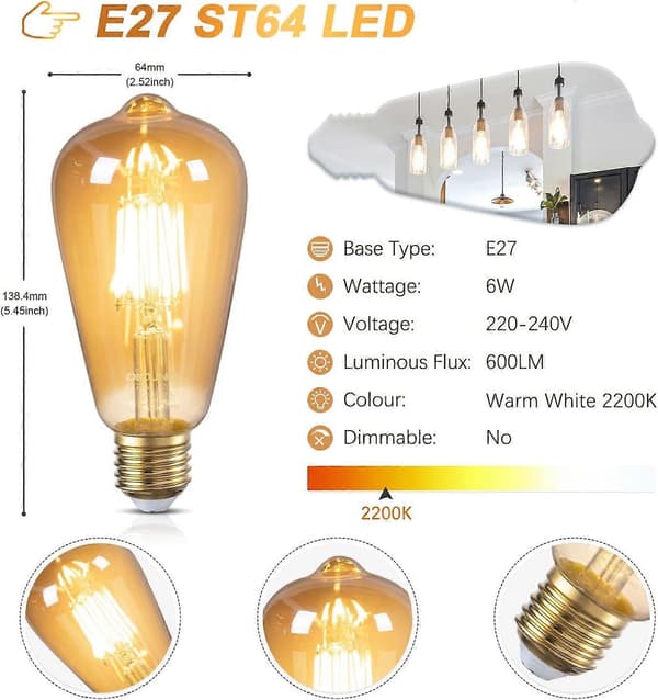 Vintage Light Bulb E27 Edison Screw Bulb, 6W Equivalent 60 Watt, Retro Amber Glass Bulb, ES LED Filament Bulb Squirrel Cage, ST64, 600LM, 2-pack
