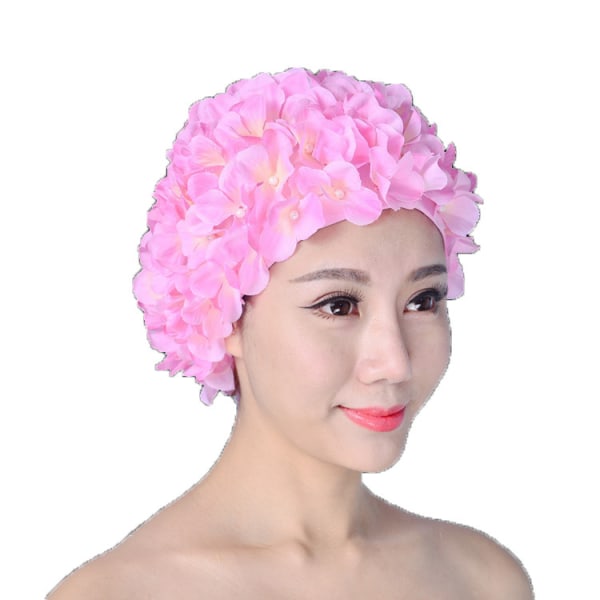 Blomstret kronblad for damer Badehette for kvinner Retro svømmehatt Langt/kort hår Håndlagde blomster Pink 1pcs