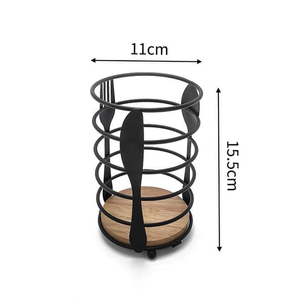 Kitchen Utensil Holder, Cutlery Holder Kitchen Utensil Holder, Kitchen Storage Container Kitchen Accessory, Black, Iron and Wood, 15.5*11cm